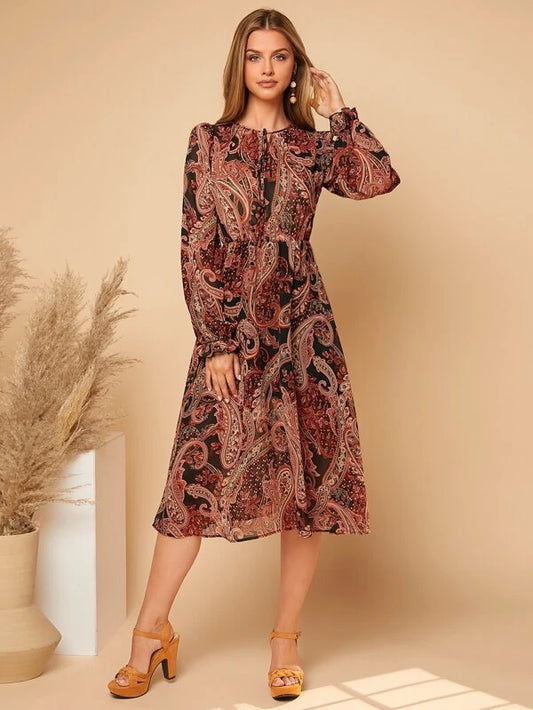 Tie Neck Flounce Sleeve Paisley Print Dress