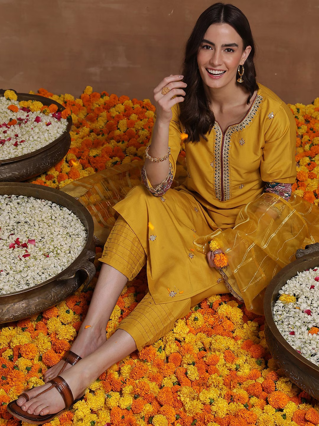 Yellow Floral Embroidered Sequinned Straight Kurta & Trousers With Dupatta