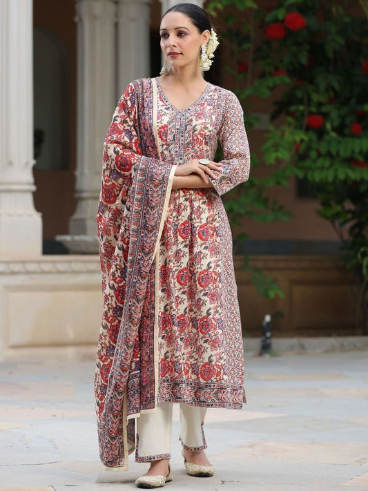 Floral Printed Sequinned Pure Cotton Kurta & Trousers With Dupatta