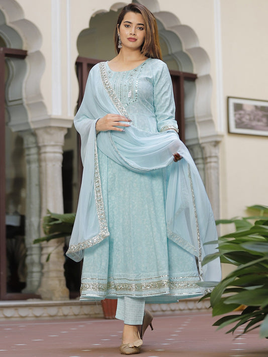 Ethnic Motifs Printed Mirror Work Anarkali Kurta with Trousers & Dupatta