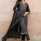 Women Charcoal Grey & Mustard Yellow Ethnic Zari Straight Kurta Trousers Dupatta