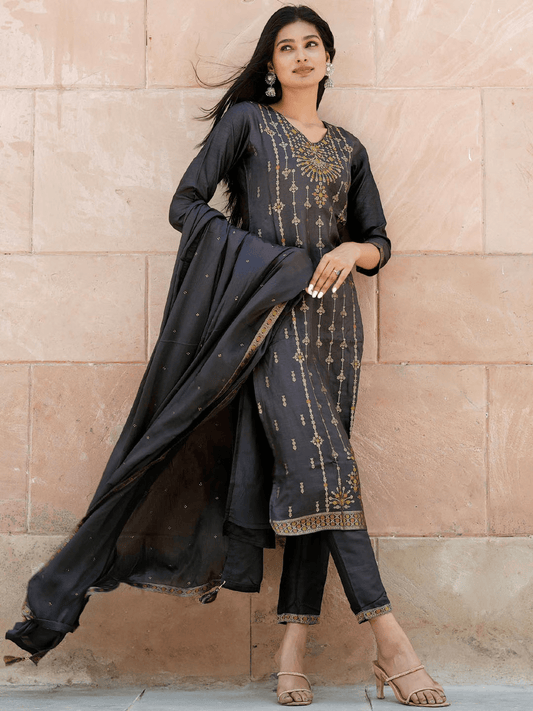 Women Charcoal Grey & Mustard Yellow Ethnic Zari Straight Kurta Trousers Dupatta