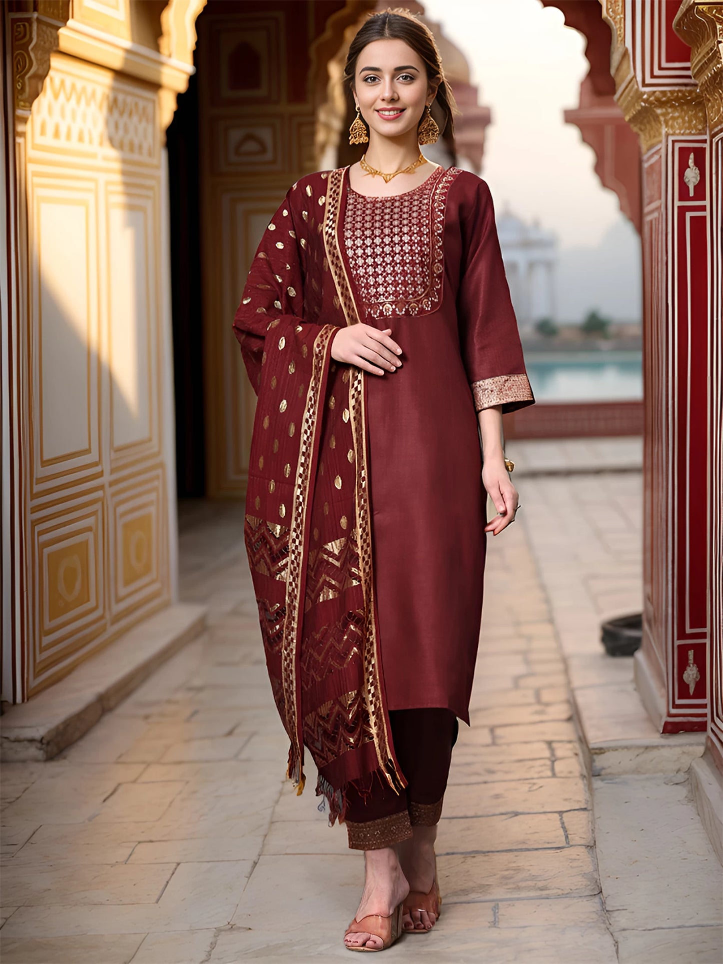 Women Cotton Blend Kurta Pant Dupatta Set