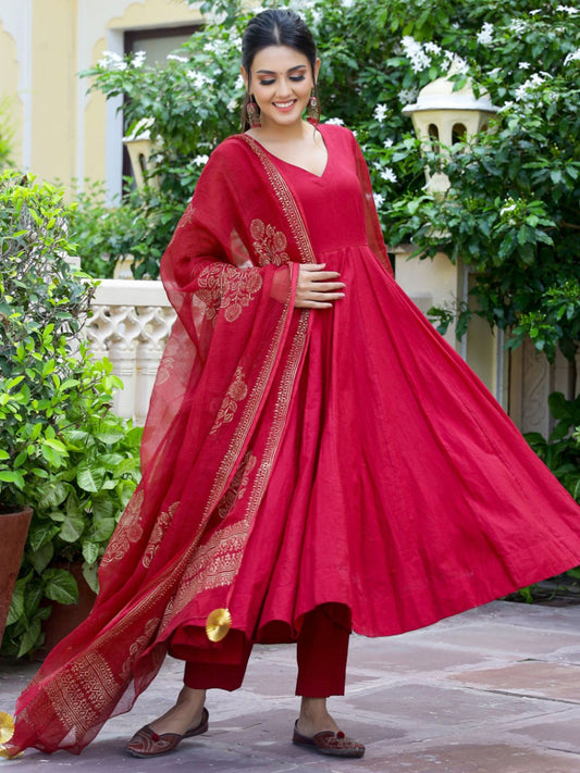 V-Neck Anarkali Kurta with Trousers & Dupatta