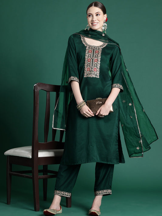 Women Floral Embroidered Regular Thread Work Kurta with Trousers & With Dupatta