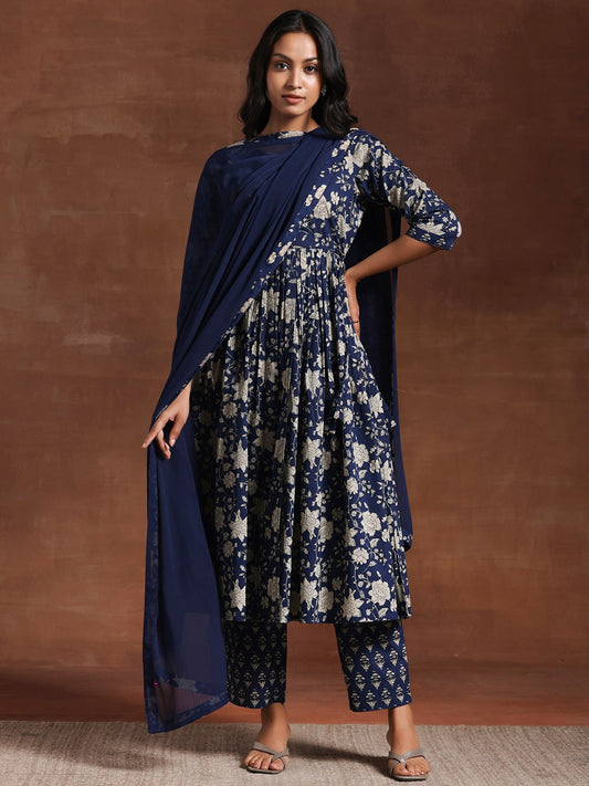 Floral Printed Pleated Round Neck Three-Quarter Sleeves Pure Cotton Kurta Set