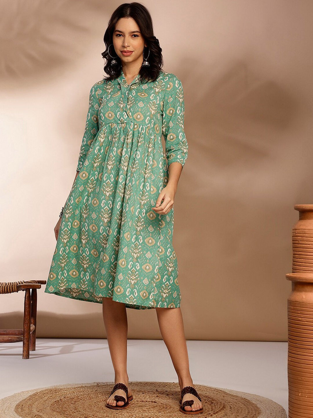 Blue Ethnic Motifs Printed Gathered Detailed Pure Cotton Fit & Flare Ethnic Dress