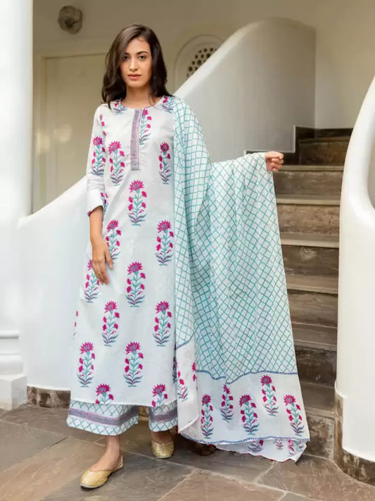 Women Kurta Pant And Dupatta Set Cotton Blend