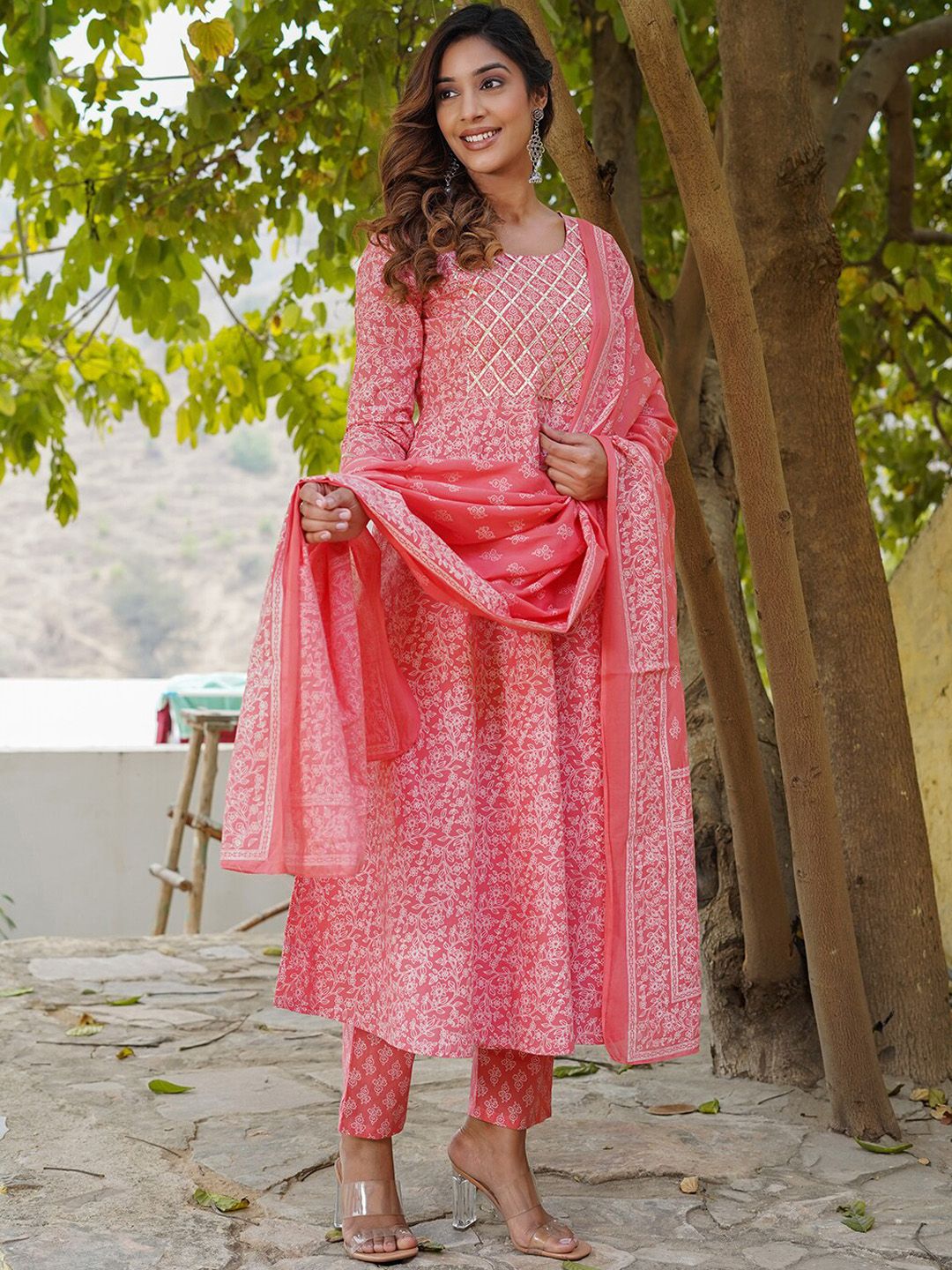 Ethnic Printed Gotta Patti Anarkali Pure Cotton Kurta with Trousers & Dupatta