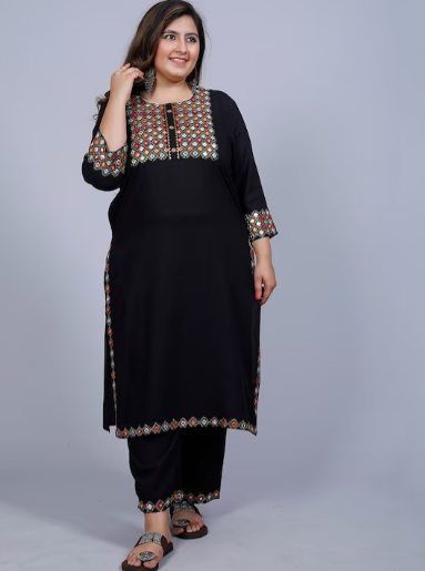 Women Plus Size Ethnic Motifs Embroidered Mirror Work Kurta with Trousers
