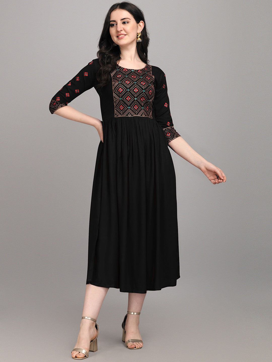 Women Black Floral Yoke Design Thread Work Ethnic Dress