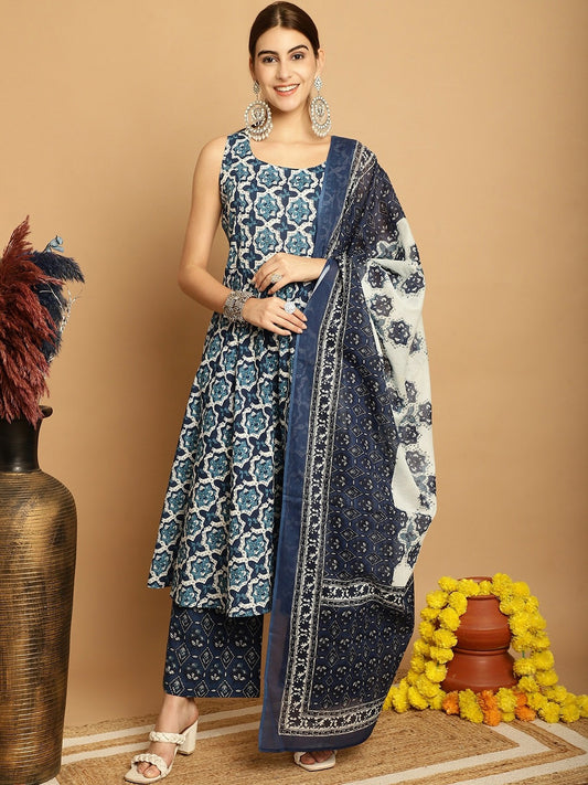 Ethnic Motifs Printed Pure Cotton Kurta With Palazzos & Dupatta