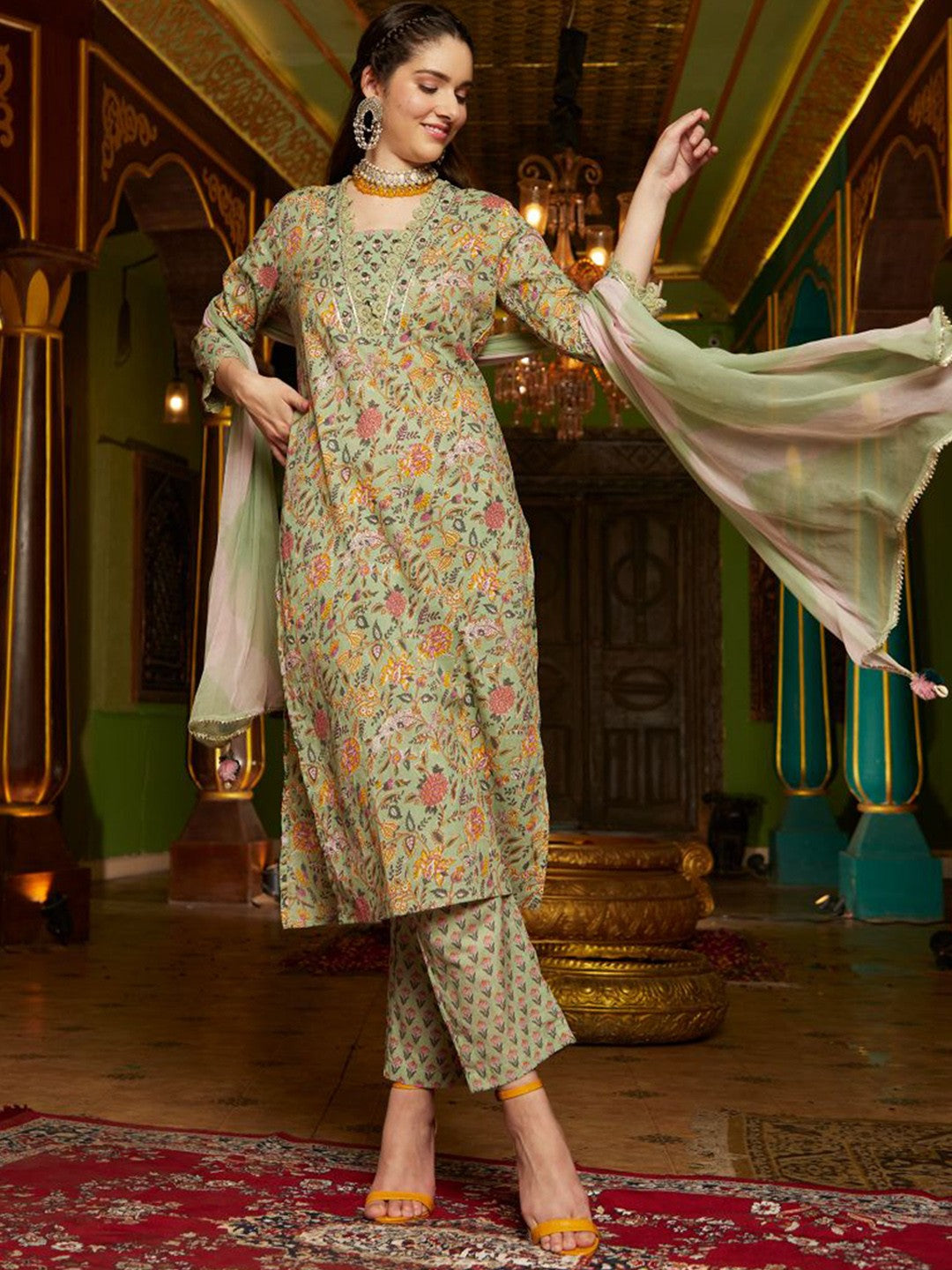 Floral Printed Pure Cotton Straight Kurta With Trouser & Dupatta