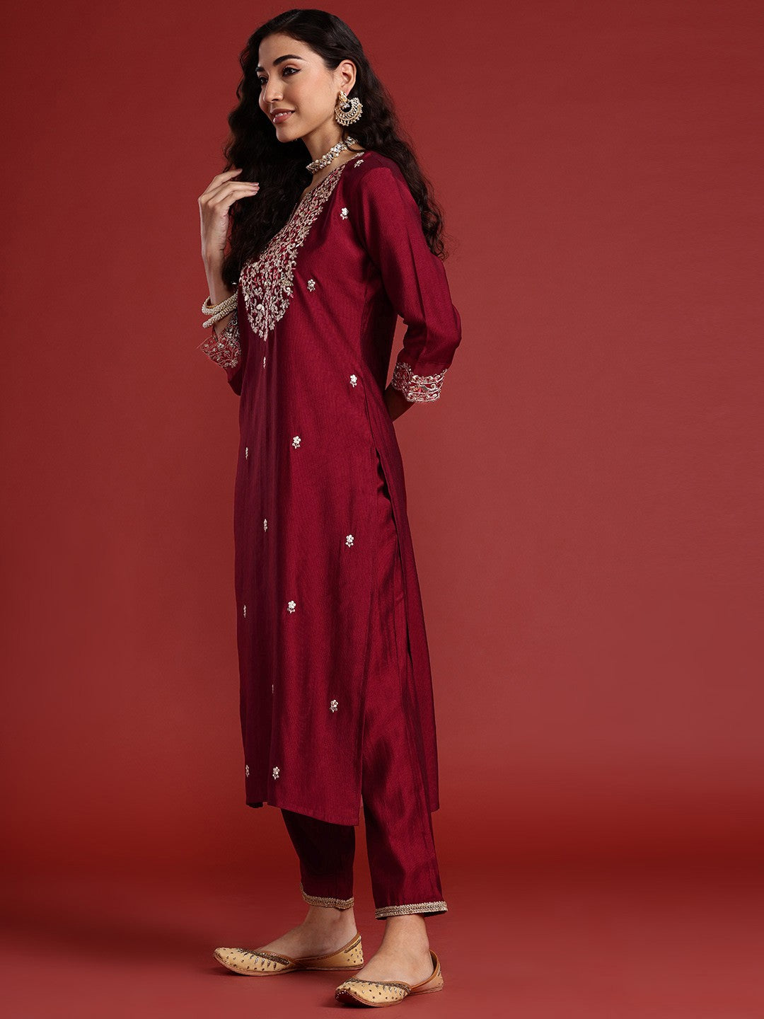 Floral Embroidered Sequinned Liva Kurta With Trousers & Dupatta