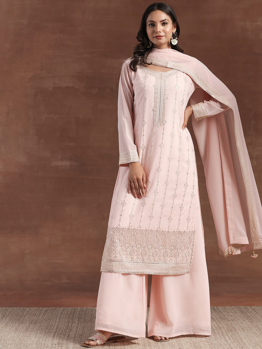 Ethnic Motifs Embroidered Sequinned Georgette Kurta with Palazzos & With Dupatta