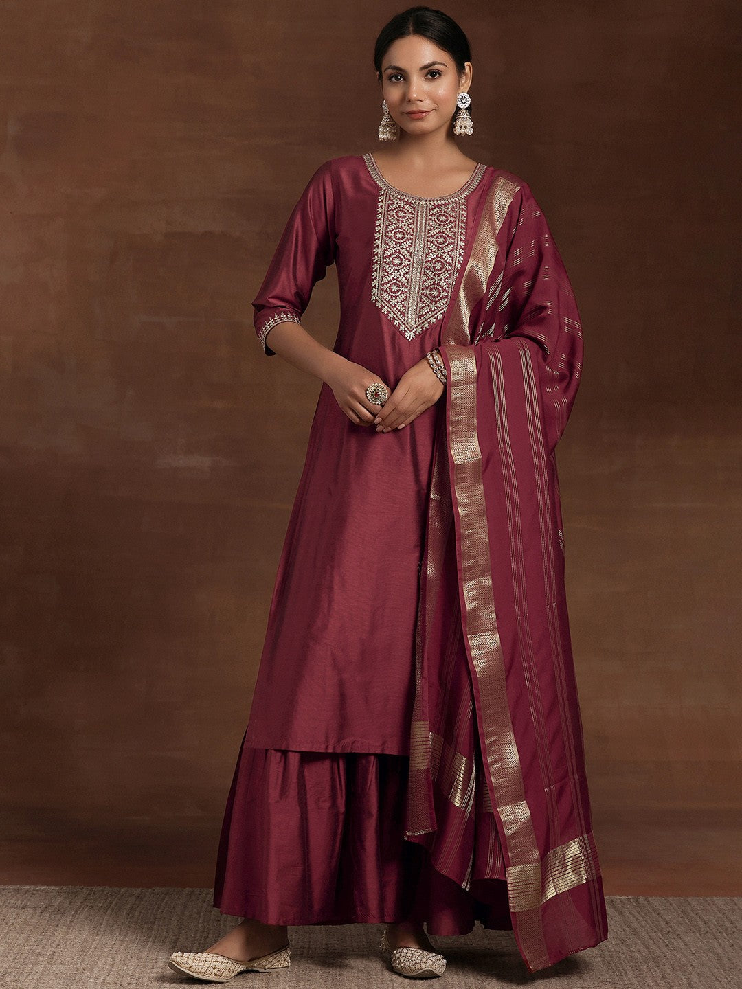 Women Ethnic Motifs Yoke Design Sequinned Kurta With Sharara & Dupatta