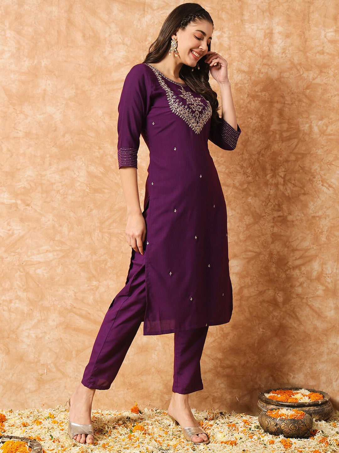 Ethnic Motifs Embroidered Straight Kurta & Trousers With Dupatta