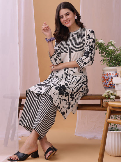Printed Mandarin Collar Neck Tunic With Trousers Co-Ords