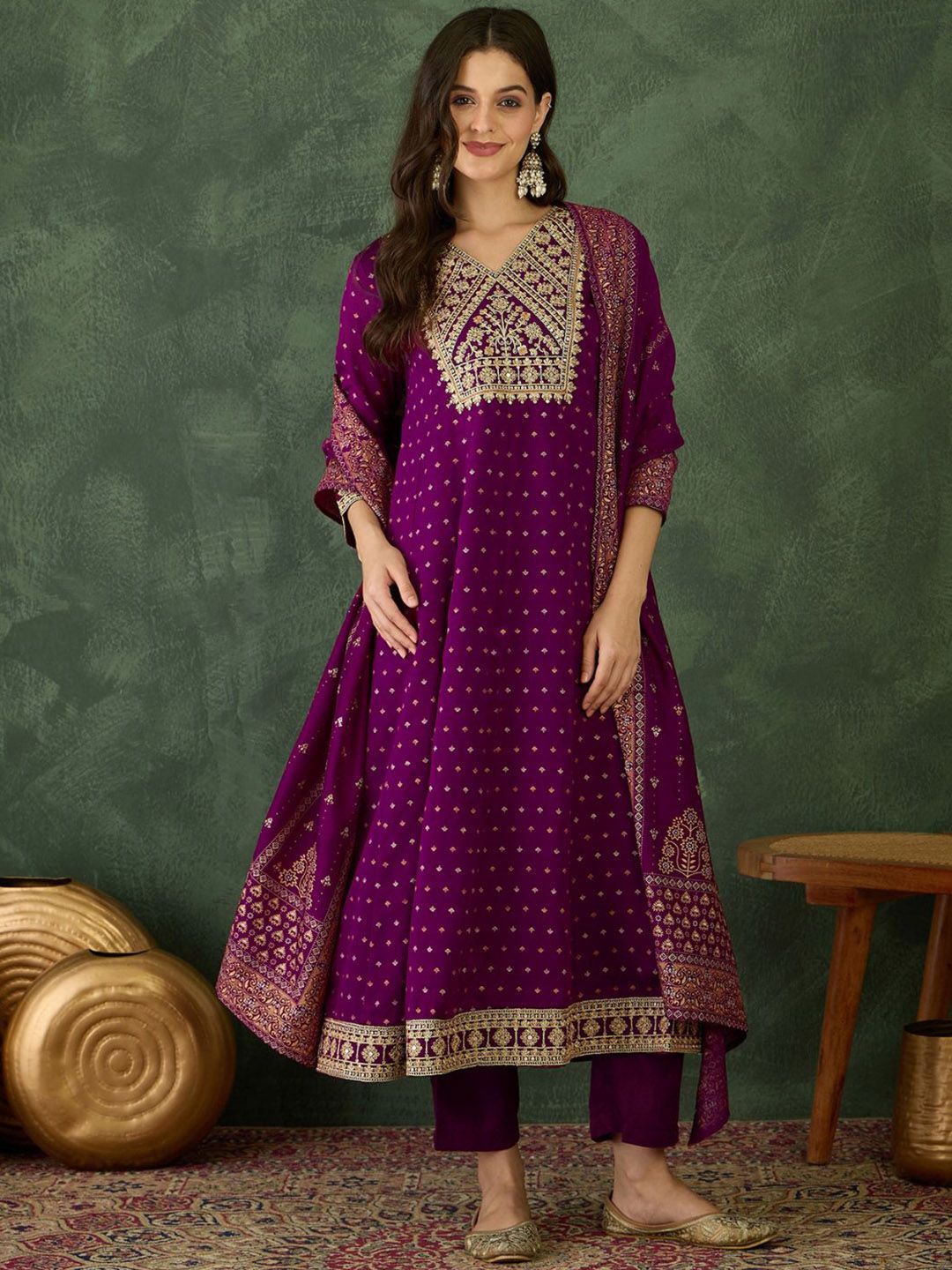 Embroidered Regular Kurta With Trousers & Dupatta