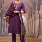 Purple Embroidered Round Neck Straight Kurta with Trouser & Dupatta