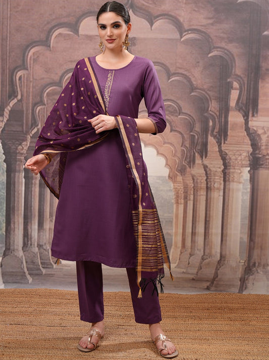 Purple Embroidered Round Neck Straight Kurta with Trouser & Dupatta