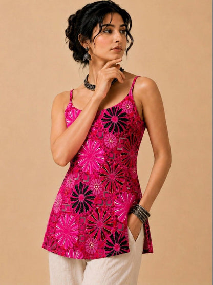 Women Ethnic Rayon Sleeveless Round Neck Backless Short Kurti