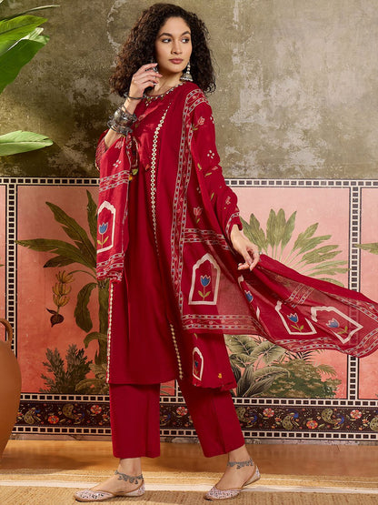 Printed Cotton Round Neck Kurta & Trousers With Dupatta