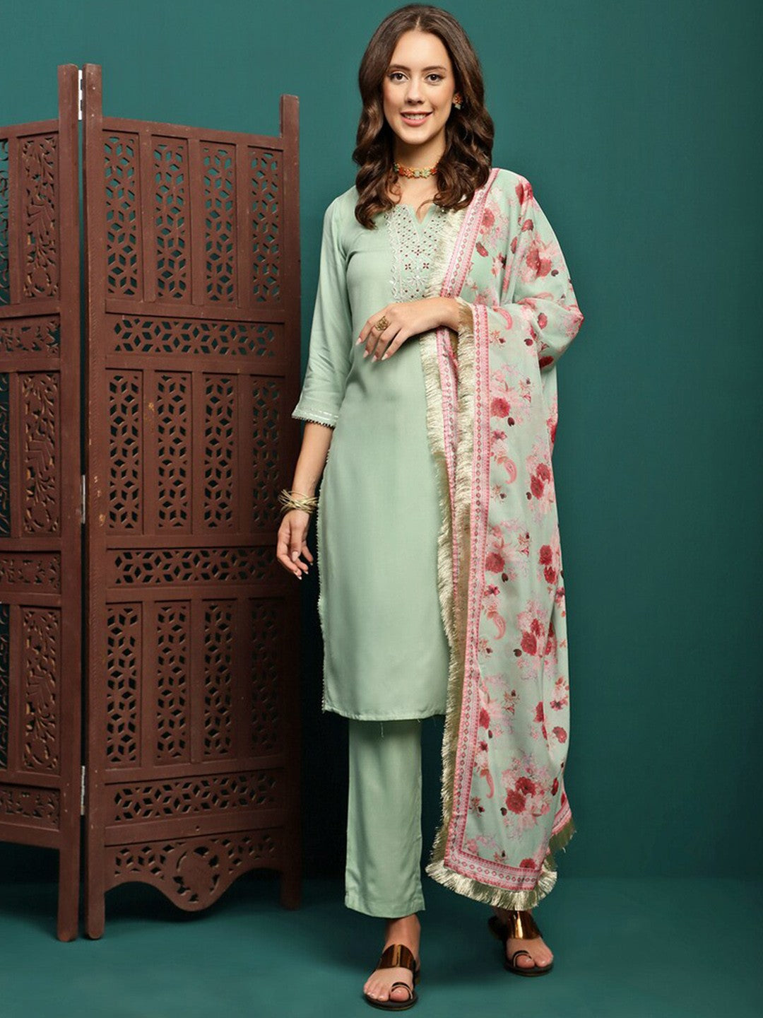 Embroidered Straight Kurta With Trouser & Dupatta Set