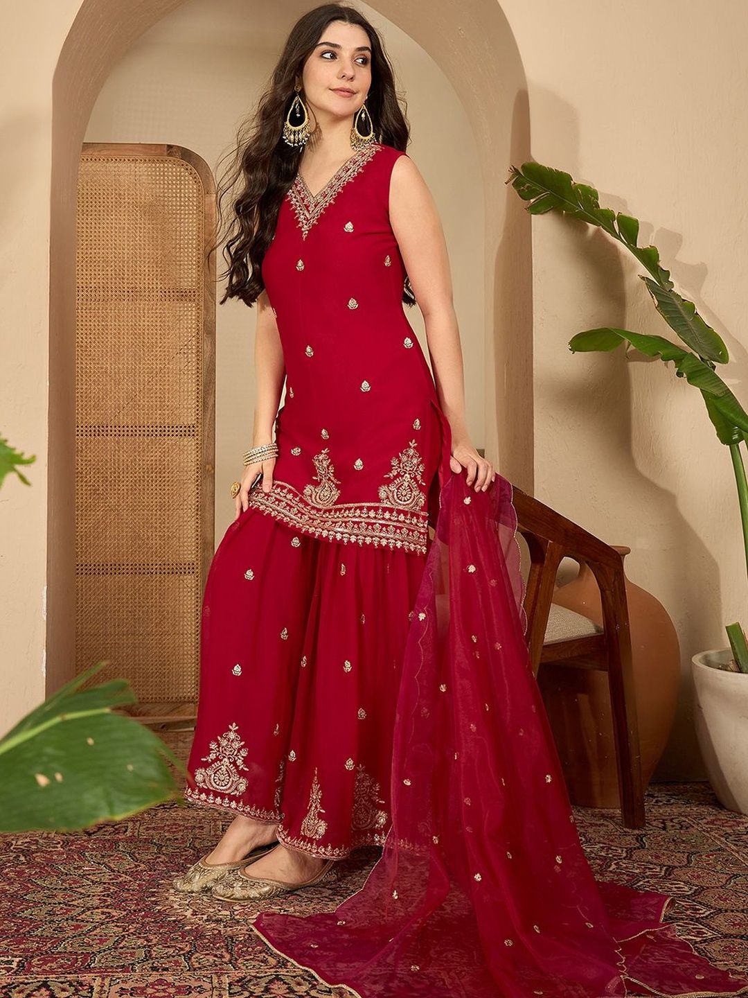 Floral Embroidered Thread Work Straight Kurta With Sharara & Dupatta