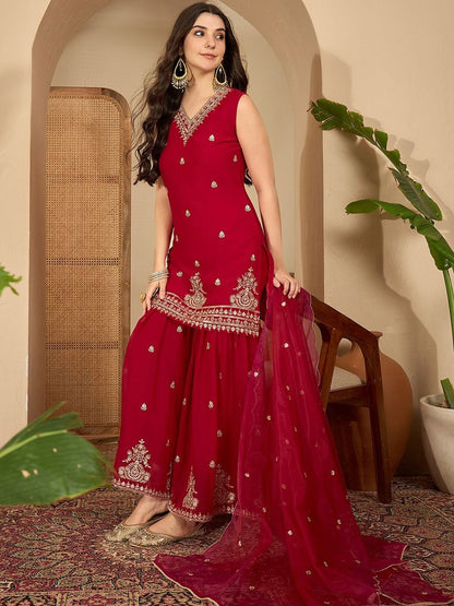 Floral Embroidered Thread Work Straight Kurta With Sharara & Dupatta