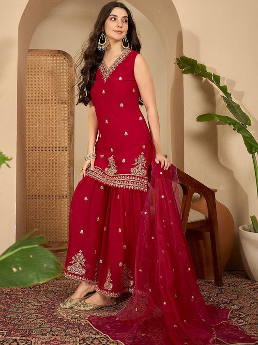 Floral Embroidered Thread Work Straight Kurta With Sharara & Dupatta