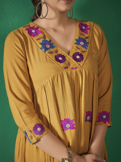 Mustard Yellow V-Neck Embroidered Liva Top With Trousers