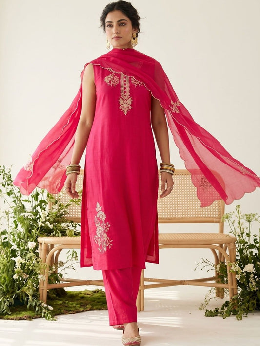 Ethnic Motifs Embroidered Sequinned Chanderi Cotton Kurta with Trousers & Dupatta Set
