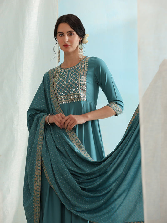 Embroidered Round Neck Three-Quarter Sleeves Sequinned Kurta Set