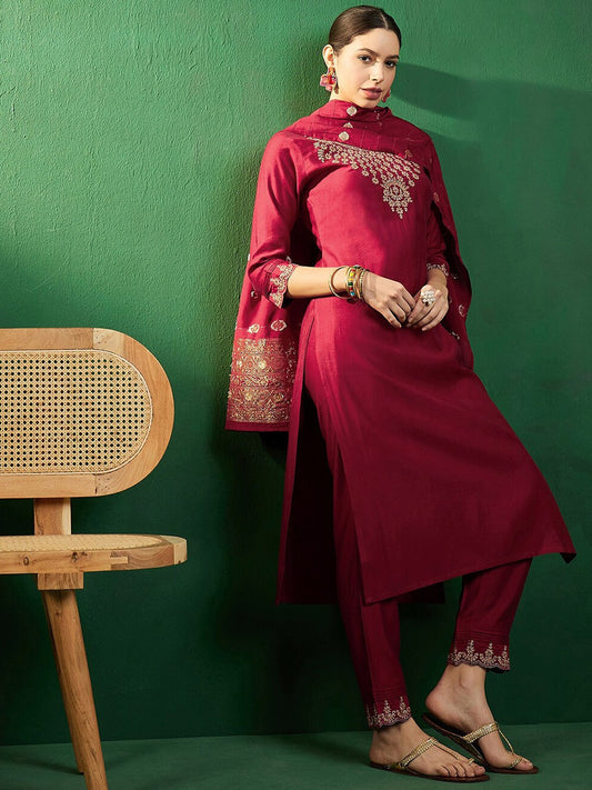 Maroon & Silver Toned Embroidered Straight Kurta With Trouser & Dupatta Set