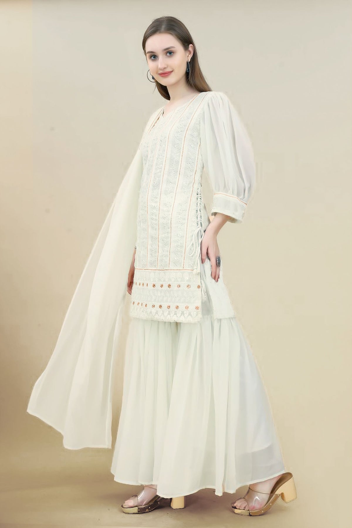 V-Neck Embroidered Sequinned Georgette Straight Kurta With Sharara And Dupatta