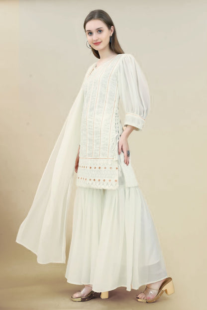 V-Neck Embroidered Sequinned Georgette Straight Kurta With Sharara And Dupatta