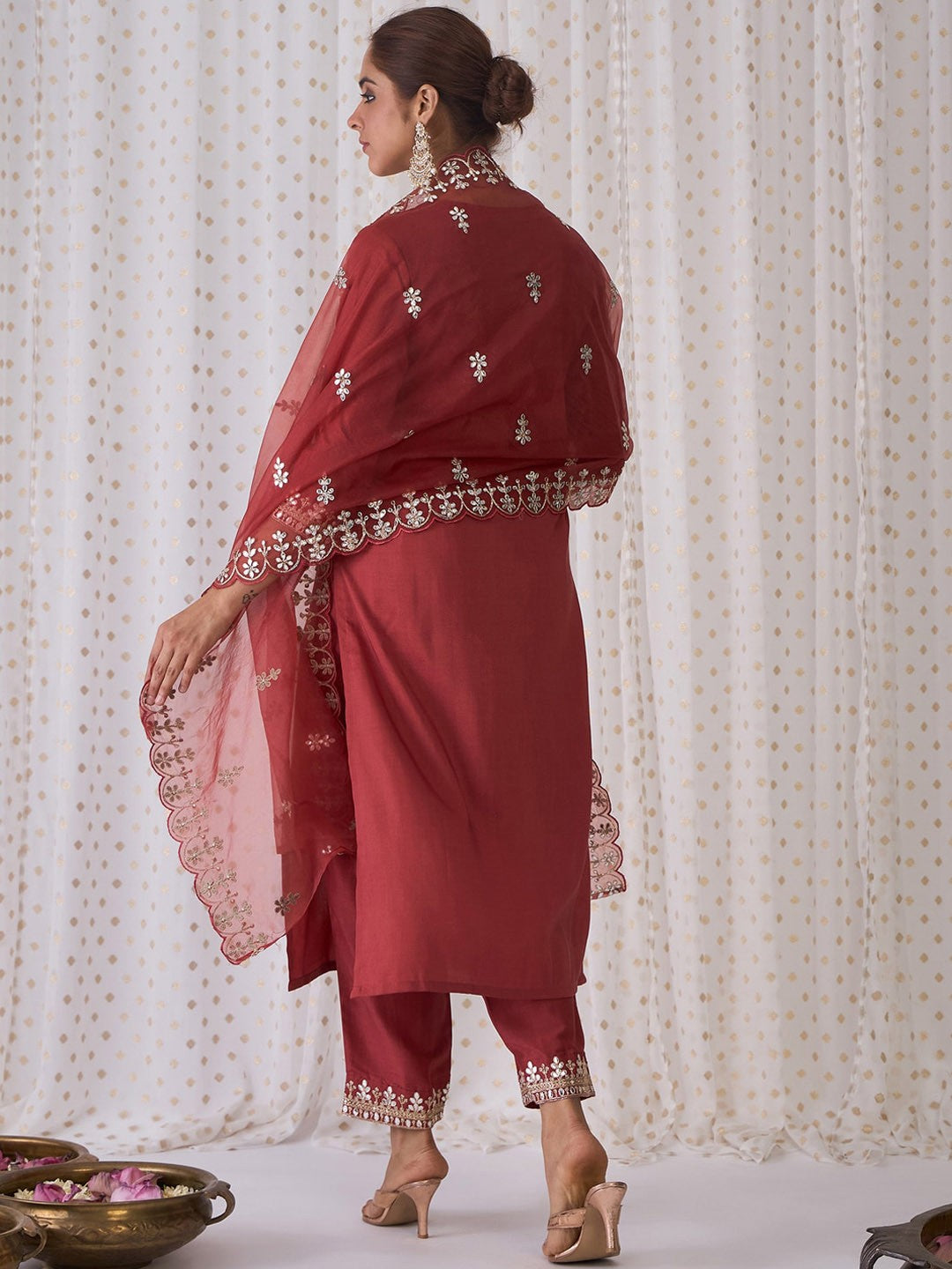 Ethnic Motifs Embroidered Notched Neck Straight Kurta with Trousers & Dupatta