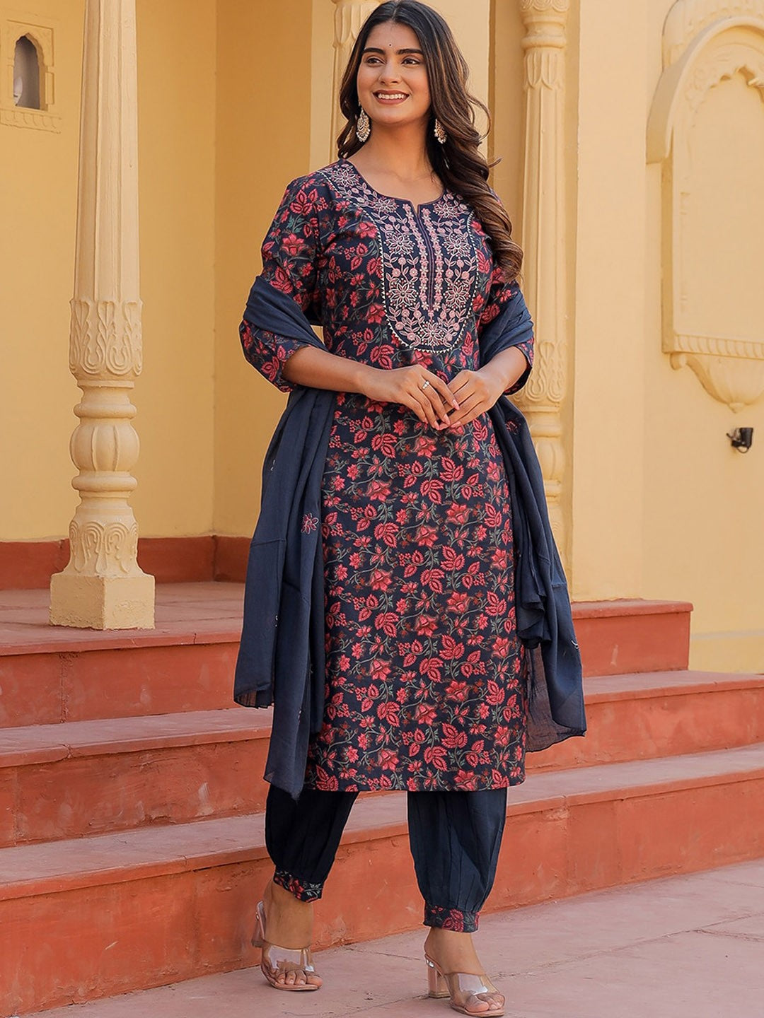 Floral Printed Thread Work Pure Cotton Kurta with Salwar & Dupatta