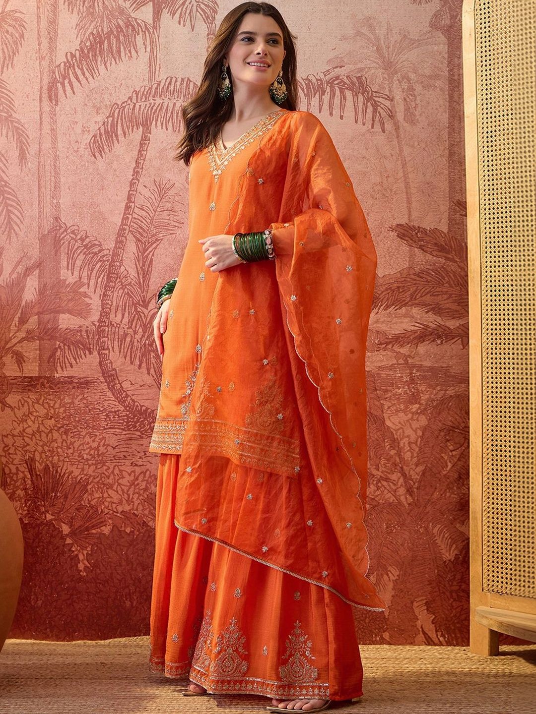 Embroidered V-Neck Kurta & Sharara Kurta Set