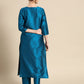 Women Blue & Golden Embroidered Jacquard Kurta with Trousers