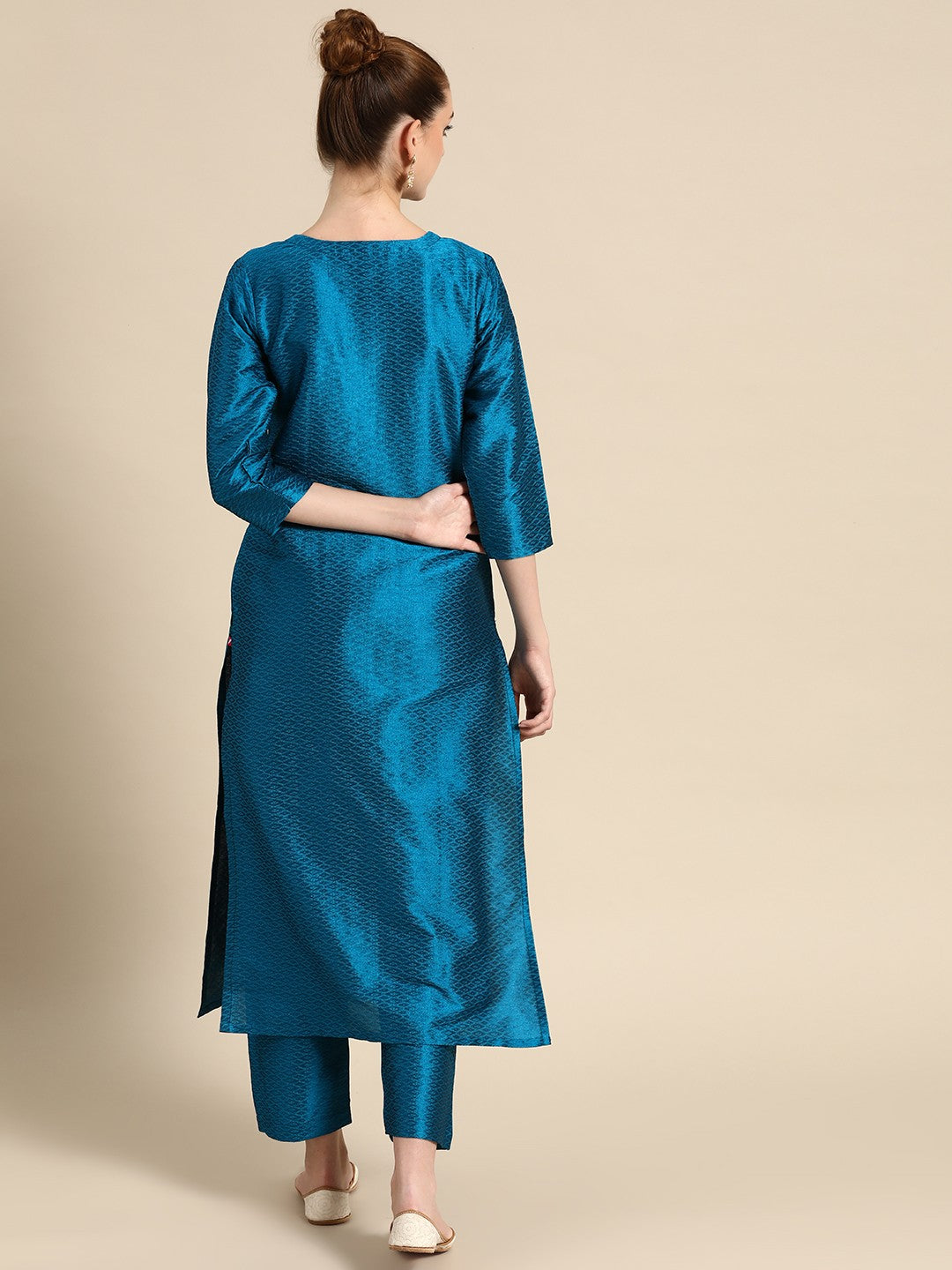 Women Blue & Golden Embroidered Jacquard Kurta with Trousers