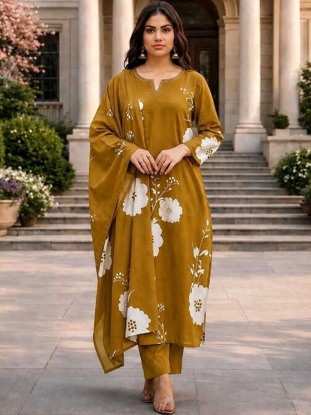 Women Floral Printed Regular Kurta with Trousers & With Dupatta