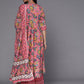 Women Pink Floral Printed Panelled Pure Cotton Kurta with Palazzos & With Dupatta