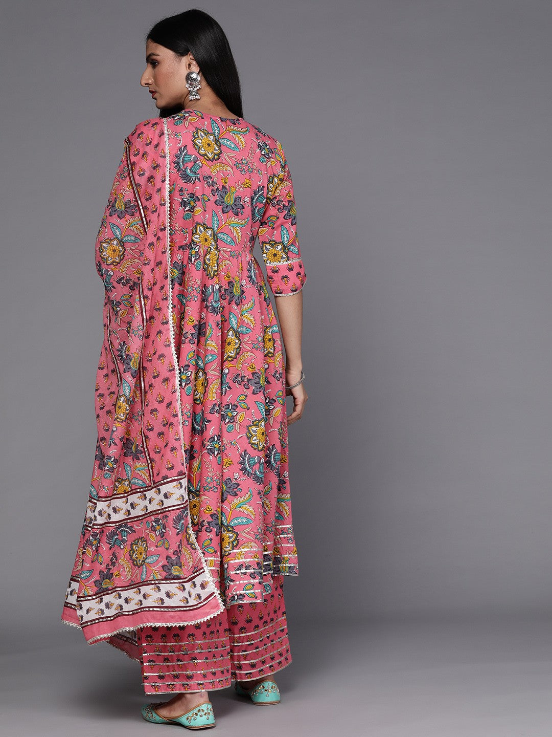 Women Pink Floral Printed Panelled Pure Cotton Kurta with Palazzos & With Dupatta