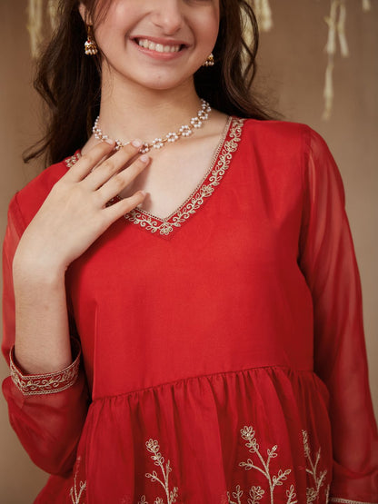 Girls Organza Embroidered Short Kurta and Palazzo Set With Dupatta
