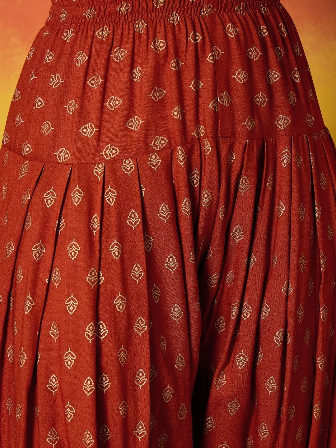 Women Rust Gold Printed Rayon A-Line Kurti Farshi Salwar With Dupatta Set