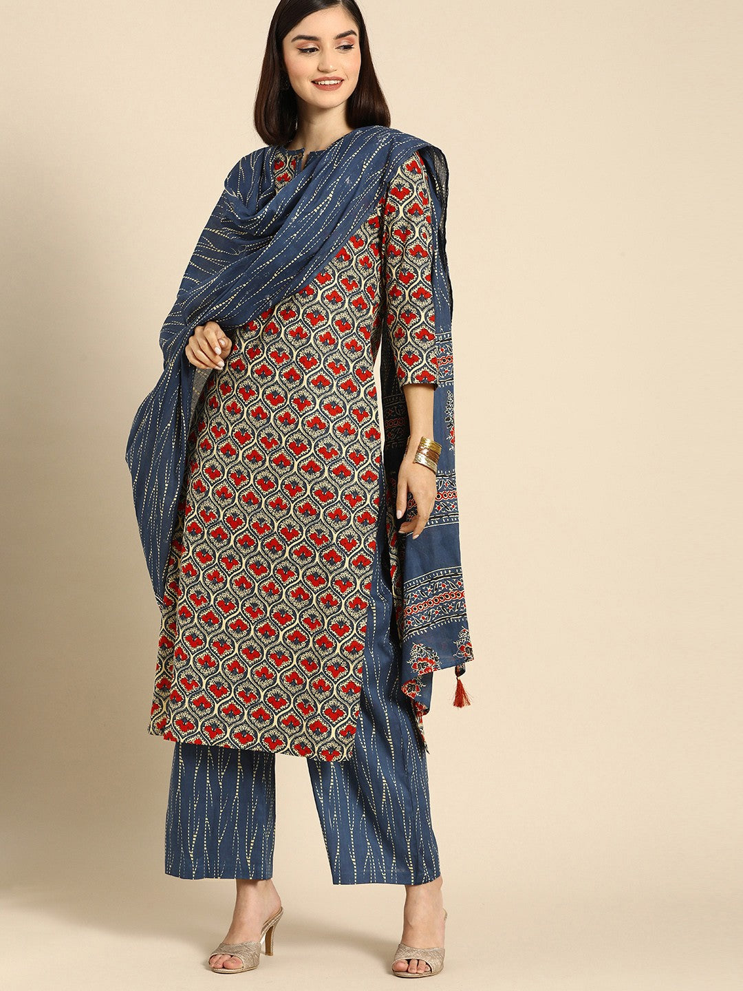 Women Blue Ethnic Motifs Printed Regular Pure Cotton Kurta With Palazzos & Dupatta