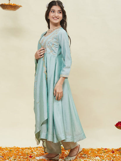 Girls Silk Embroidered Anarkali Kurta and Pant Set with Dupatta
