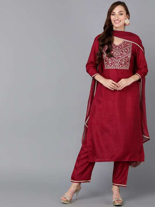 Maroon Ethnic Motifs Yoke Design Zari Sequinned Kurta with Trousers & Dupatta